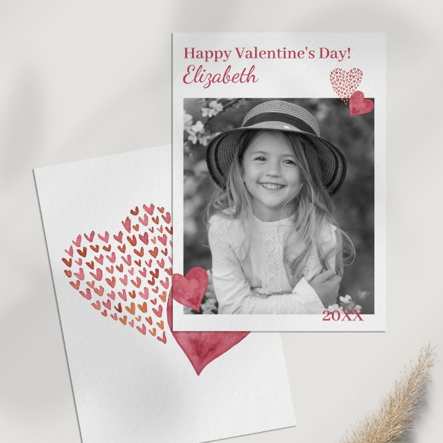 Agradecimento Cartão de Dia de os namorados Personalizado de Cor (Lovely Hearts Custom Photo Valentine's Day Card on a white table.)