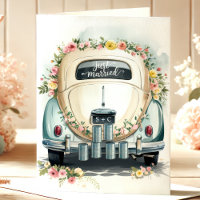 Cartão de Felicitações de Casamento de Carro Antig