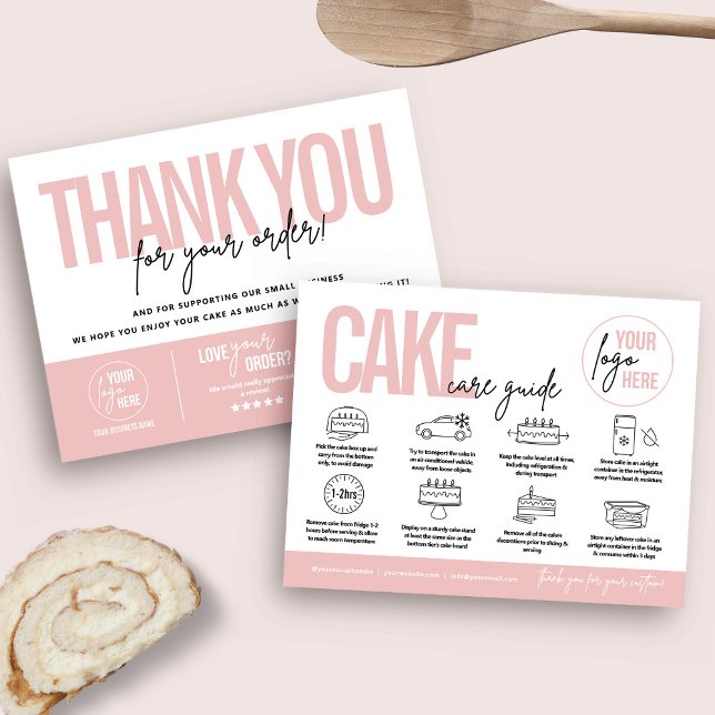 Agradecimento Cartão de Guia de Cuidados com Bolo, Instruções de (Pink feminine cake care card and business thank you card)