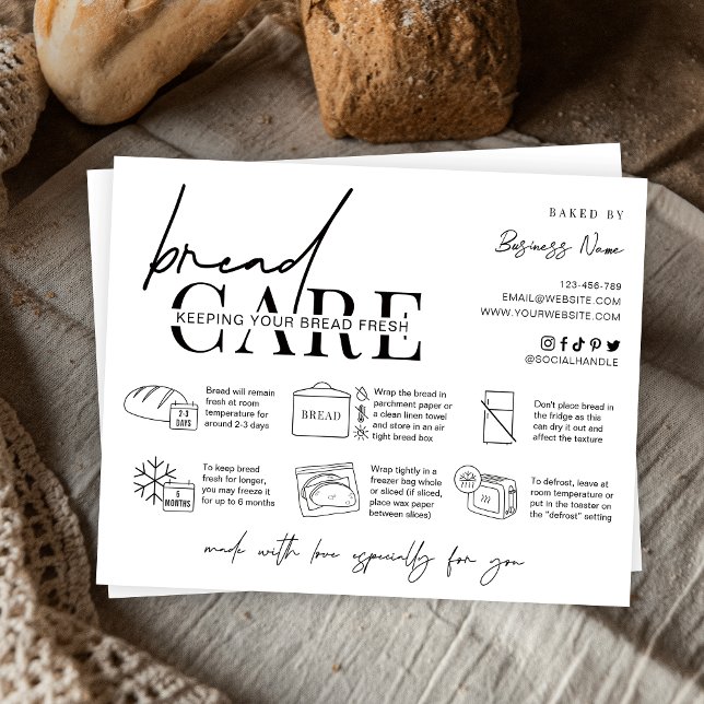 Agradecimento Cartão de instruções de tratamento de padeiro mini (Fresh bread loaf care instructions card with icons, space for your business info and thank you note)