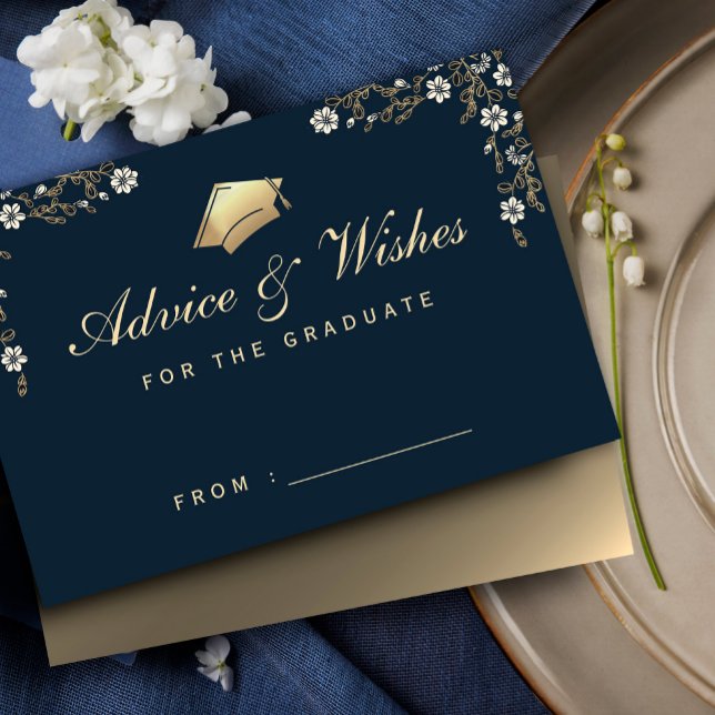 Agradecimento Cartão de marinho Azul Dourado com Aviso de Gradua (Elegant navy blue and gold graduation advice enclosure cards, floral Frame Luxury Graduation #advice)