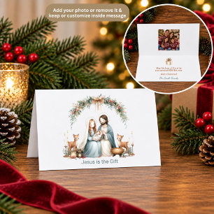 Agradecimento Cartão de Natal com Cena da Natividade em Aquarela