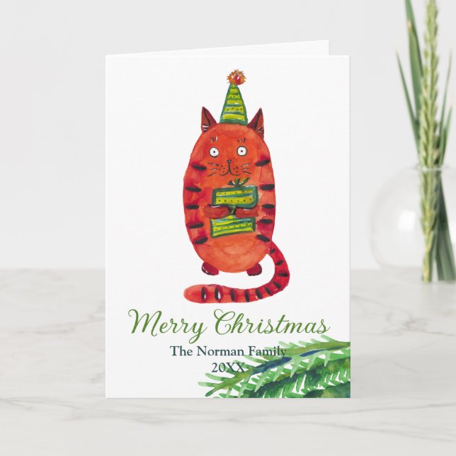 Agradecimento Cartão de Natal com gato vermelho. Gato de aquarel (Frente)