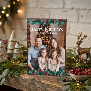 Agradecimento Cartão de Natal de Foto com Coroa de Natal na Bord