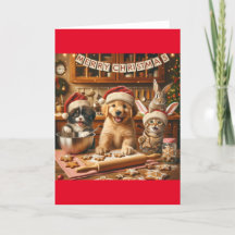 Cartão de Natal dobrado com cão, gato, coelho #4