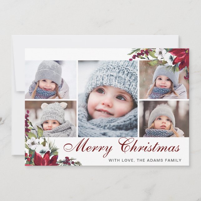 Agradecimento Cartão de Natal PHOTO Red Poinsettia Floral 5 (Frente)