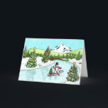 Agradecimento Cartão de Natal SUP Snowman<br><div class="desc">Mande lembranças de Natal felizes!  Um boneco de neve em um SUP (Stand-Up Paddleboard) remou pelo rio,  cercado por árvores de Natal,  com uma ponte vermelha e uma montanha de neve ao fundo.</div>