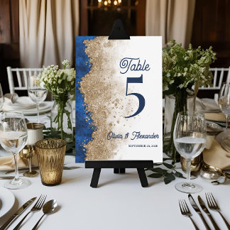 Agradecimento Cartão de Número de Mesa de Casamento Azul Dourado