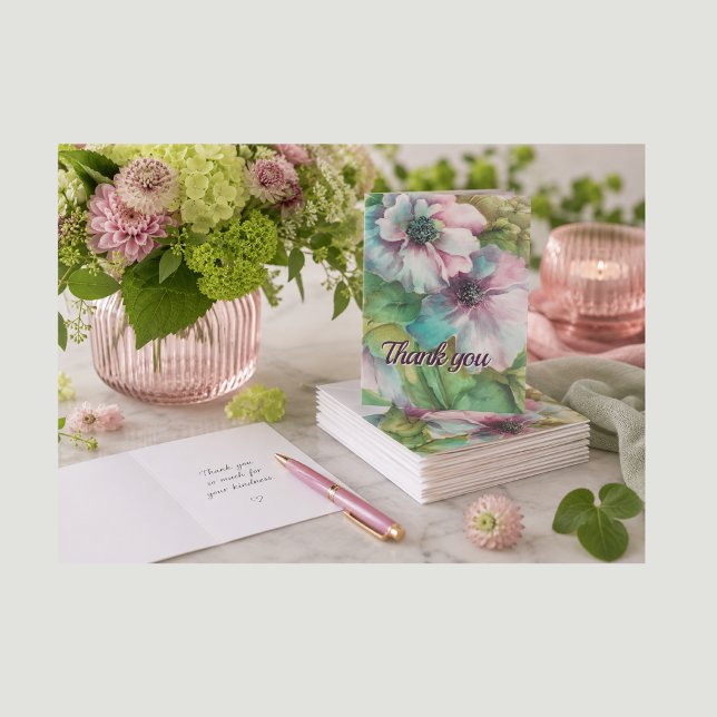 Agradecimento Cartão de “Obrigado” com Anêmonas Pintadas à Mão — (Pink Anemone Flowers Note Cards they will adore. Watercolor florals that celebrate flowers & friends)