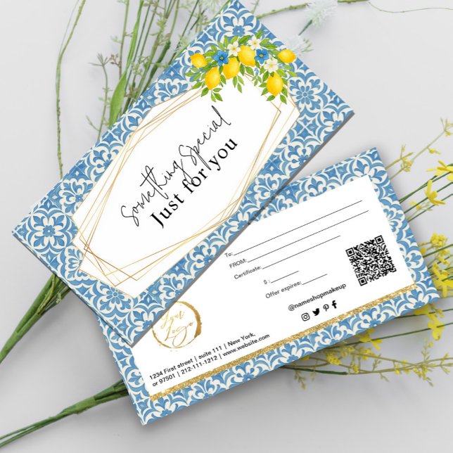 Agradecimento Cartão de Presente para Limão e Azulejo Azul do Me (Mediterranean Lemon & Blue Tile Gift Card #geometricframe#lemonfloral #bluetilegiftcard #rustic)