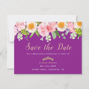 Agradecimento Cartão de Quinceanera Floral Roxo Real Salve a Dat