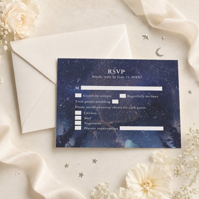 Agradecimento Cartão de Resposta para Casamento Celestial Flores (Starry Night Forest Celestial Wedding RSVP Card on a table with flowers and ribbons)
