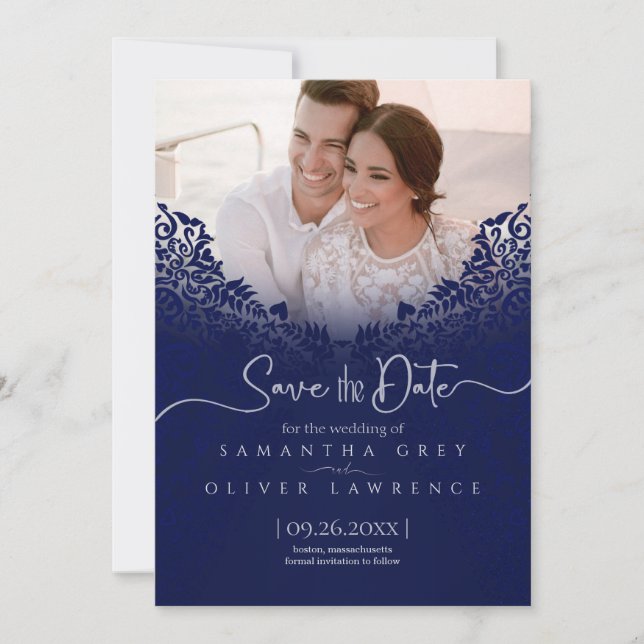 Agradecimento Cartão de Salvar a Data Blue Damask com Foto Perso (Frente)