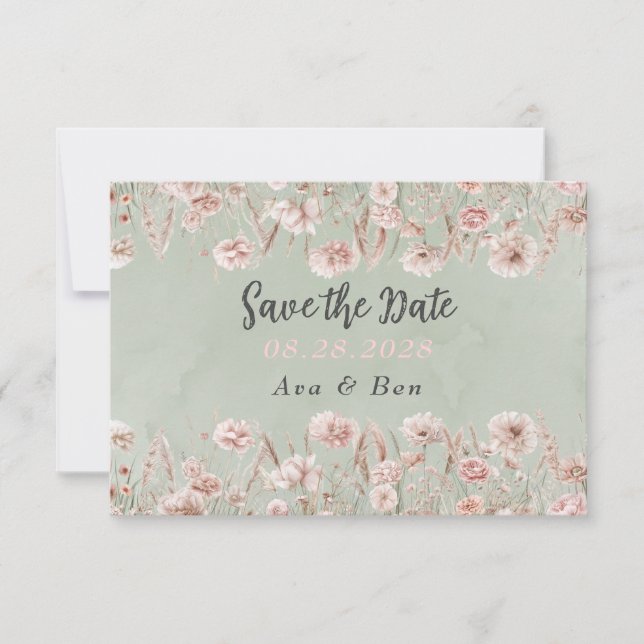 Agradecimento Cartão de Salvar a Data de Casamento em Verde Sage (Frente)
