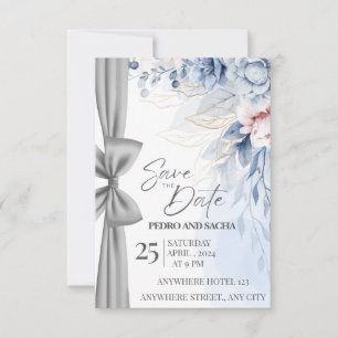 Agradecimento Cartão de Salvar a Data Floral Azul Elegante com P