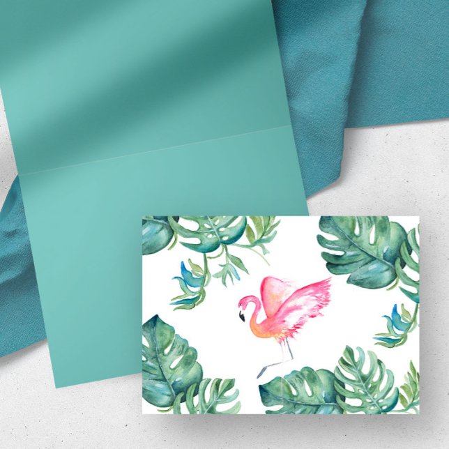 Agradecimento Cartão de Saudação Flamingo Rosa Tropical (tropical thank you cards watercolor pink flamingo & monstera leaf watercolor by Victoria Grigaliunas)