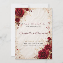Cartão de Save the Date Floral em Dourado e Vermel