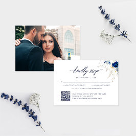 Agradecimento Cartão RSVP de Código QR de Casamento Floral Azul 