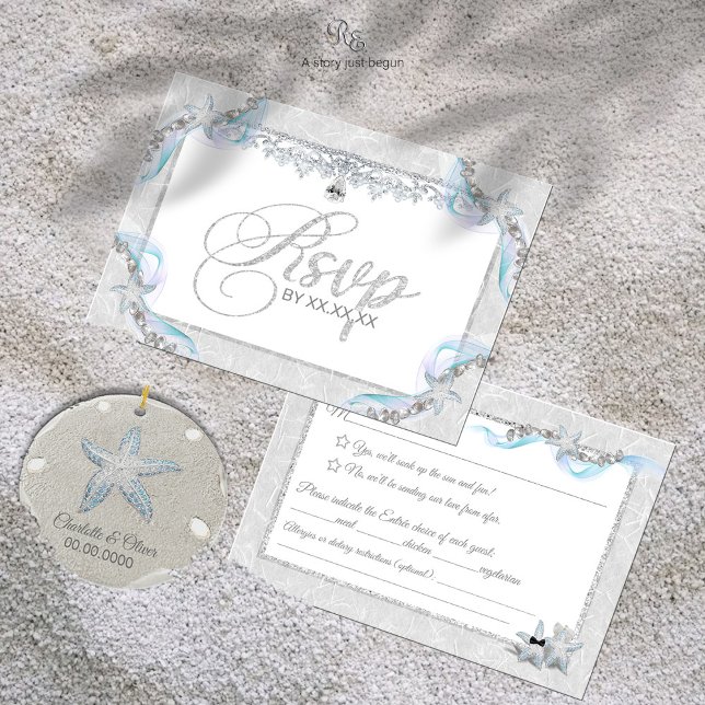 Agradecimento Cartão RSVP de Starfish e Diamantes (Front and back of Starfish & Diamonds RSVP Card styled with coastal gem accents in the sand.)