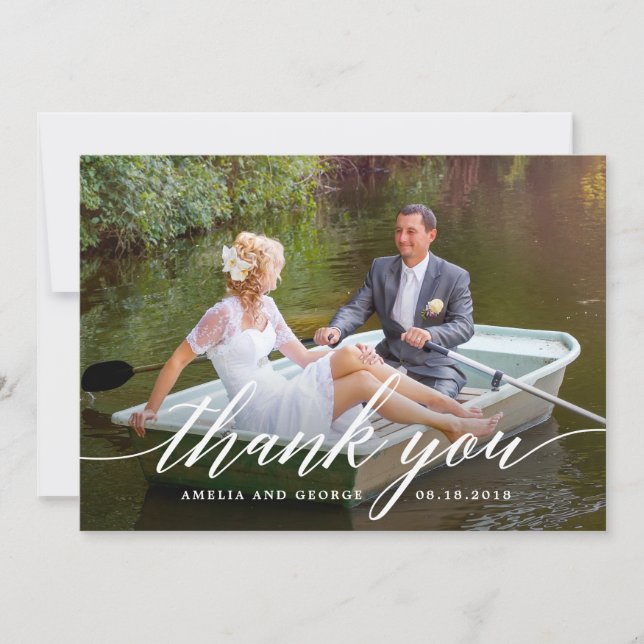 Agradecimento Casamento de Script Moderno Obrigado Cartão com fo (Frente)