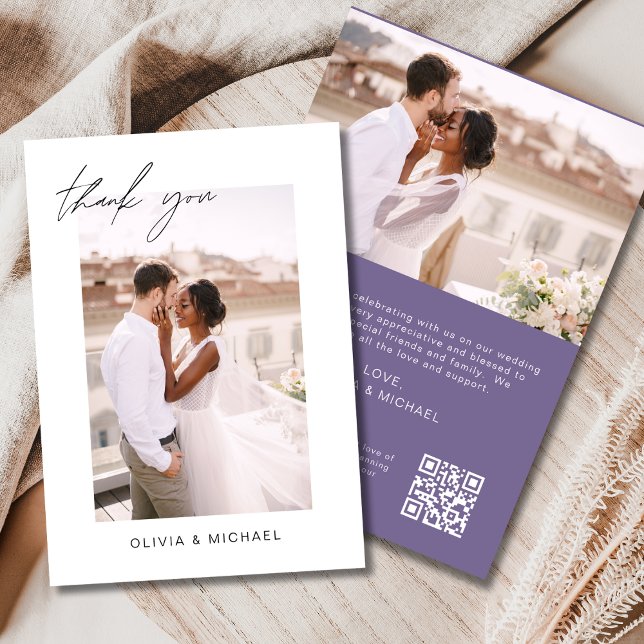 Agradecimento Casamento Roxo de Código QR Obrigado Cartão com fo (Criador carregado)
