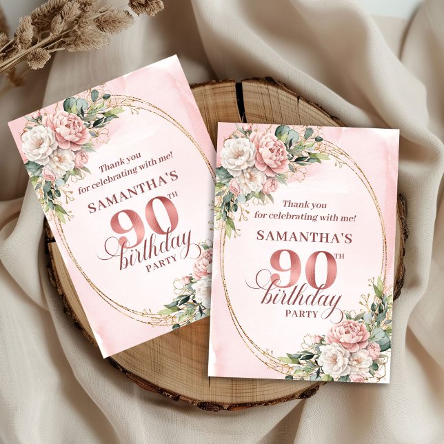 Agradecimento de 90º Aniversário Rosa Dourado Eleg (Graceful Rose Gold Eucalyptus 90th Birthday Thank You Card)