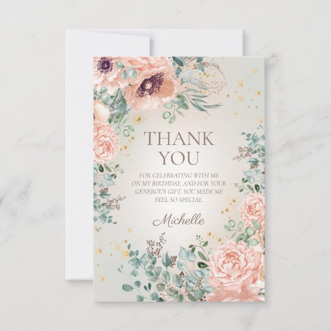 Agradecimento de Aniversário Rosa Floral com Brilh (Frente)