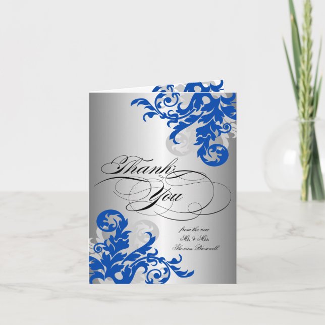 Agradecimento de Casamento Azul Real e Prata Flori (Frente)
