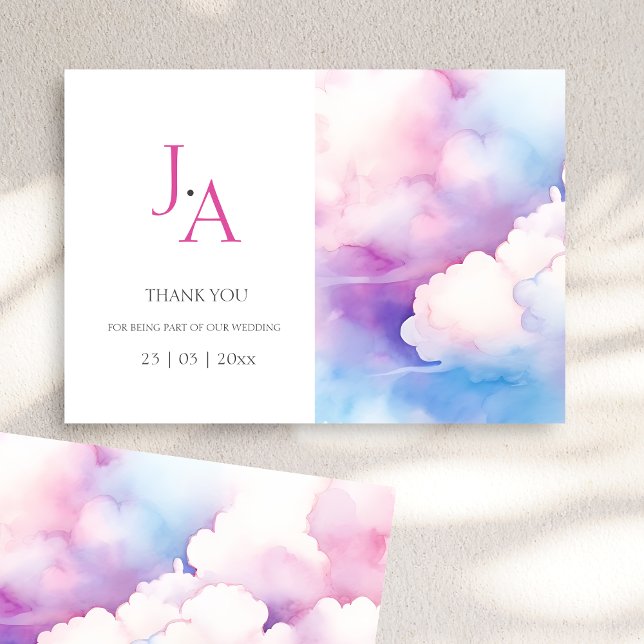 Agradecimento de Casamento Nuvens Aguarela Rosa Az (Pink Blue White Clouds Monogram Wedding Thank You)