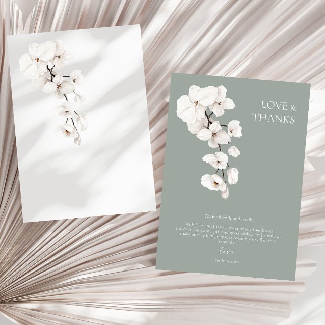 Agradecimento de Casamento Orquídea Branca Verde S (Modern Sage Green White Orchids Wedding Love and Thanks Card)