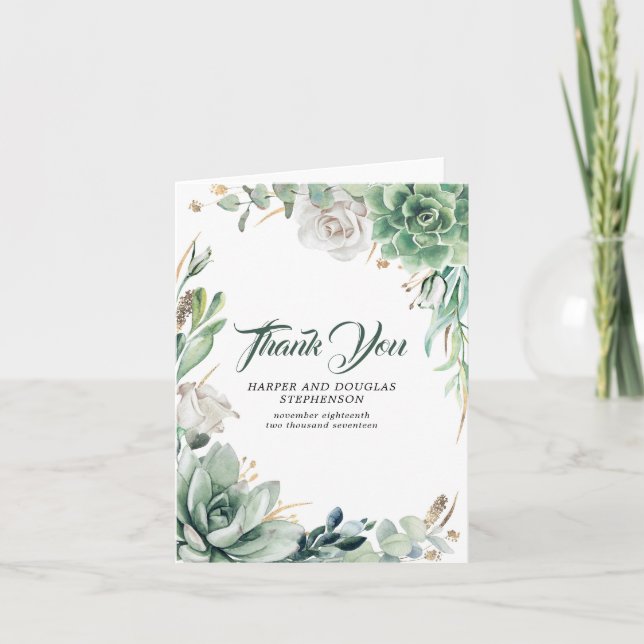 Agradecimento de Casamento Verde e Dourado (Frente)