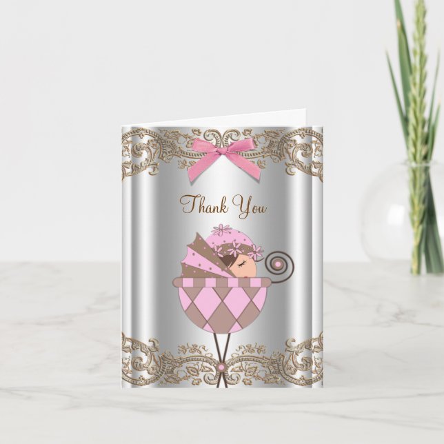 Agradecimento de Chá de Bebê Rosa e Marrom (Frente)