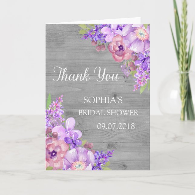 Agradecimento de Chá de Noiva Floral Roxo em Madei (Frente)