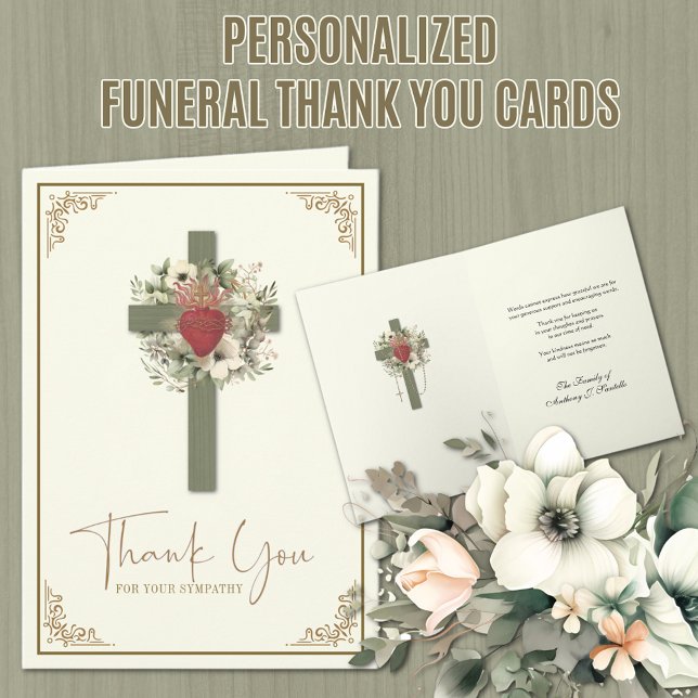 Agradecimento de Condolências Funerais Católicos F (Traditional Catholic Funeral Sympathy Thank You Card with Sacred Heart of Jesus)