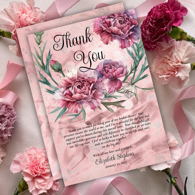 Agradecimento de Elegantes Cravos Rosa em Aquarela (Elegant Watercolor Pink Carnations Thank You Card)