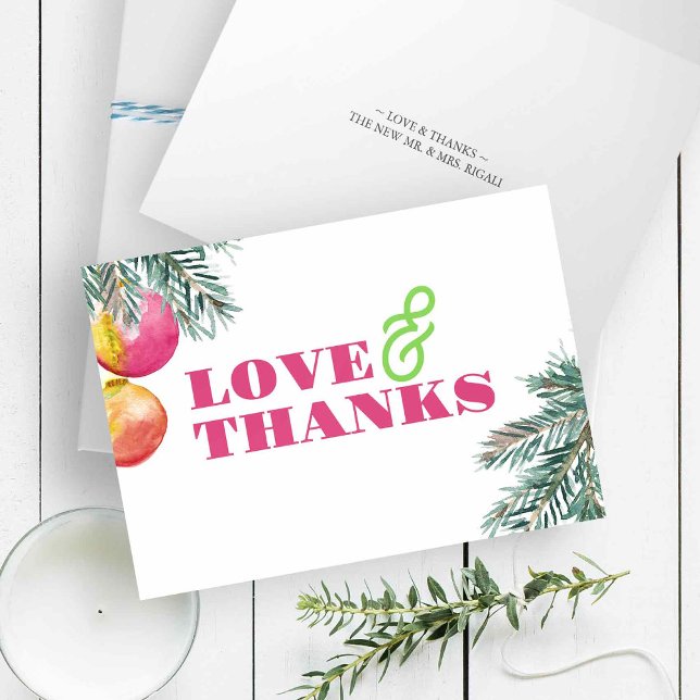 Agradecimento de Natal em Aquarela Moderna (Folded Christmas thank you cards with watercolor pine boughs and pink baubles for pinkmas)