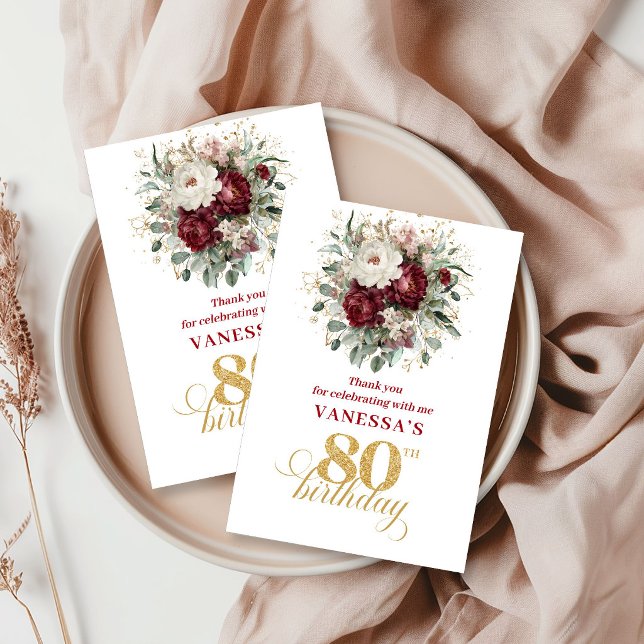 Agradecimento dos 80 Anos Botanical Blush Burgundy (Botanical Blush Burgundy 80th Birthday Thank You Card)