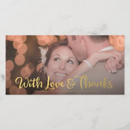 Agradecimento Dourado com Cartão com fotos de Casamento de Sobre