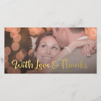 Agradecimento Dourado com Cartão com fotos de Casamento de Sobre