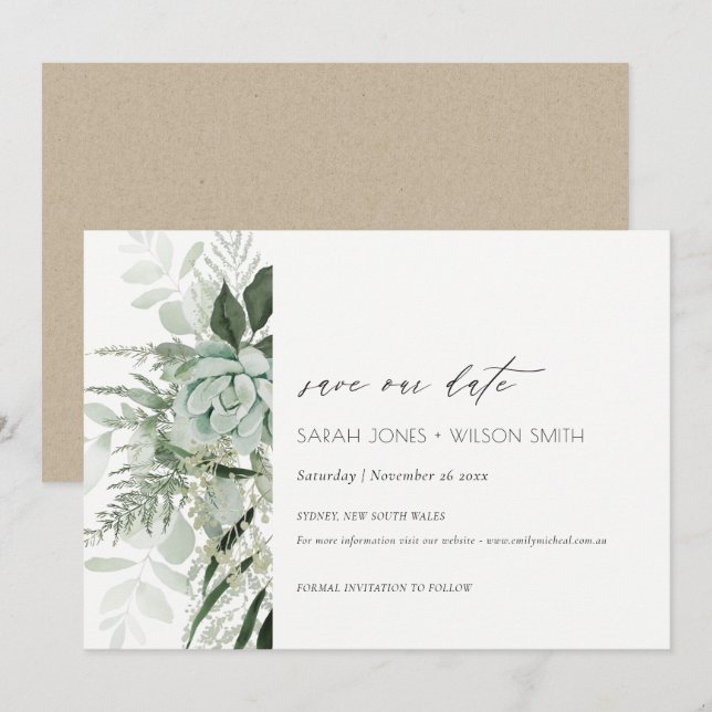 Agradecimento Dusky Leafy Fern Succulent Salve o Cartão de Data (Frente/Verso)
