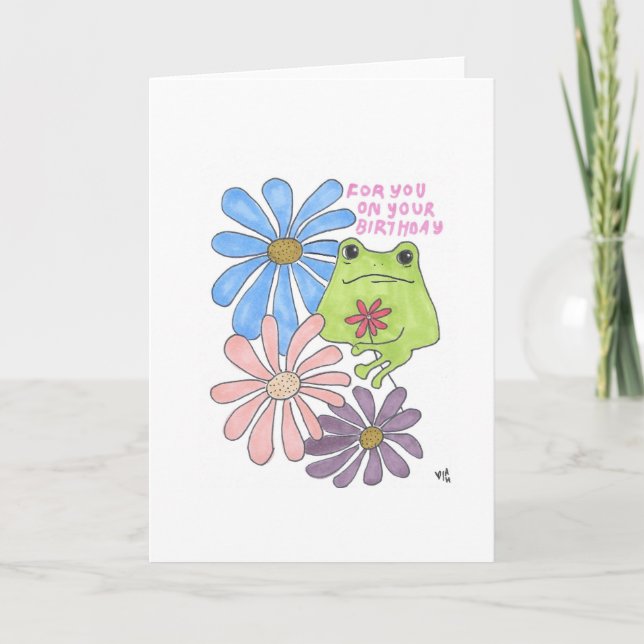Agradecimento Feliz Aniversário Flores e Cartão de Sapo (Frente)