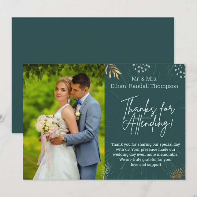 Agradecimento Foto do Casal de Casamento Verde Obrigado Cartão S (Frente/Verso)