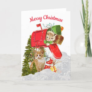 Agradecimento Gato de Natal Fofo Retro / Cartão de Férias de Cai