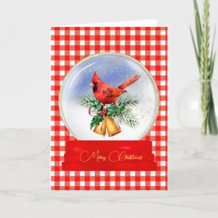 Agradecimento Globo de Neve Cardeal em Cartão de Natal Red Gingh