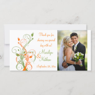 Agradecimento Laranja, Verde, Cartão com fotos de Casamento Flor