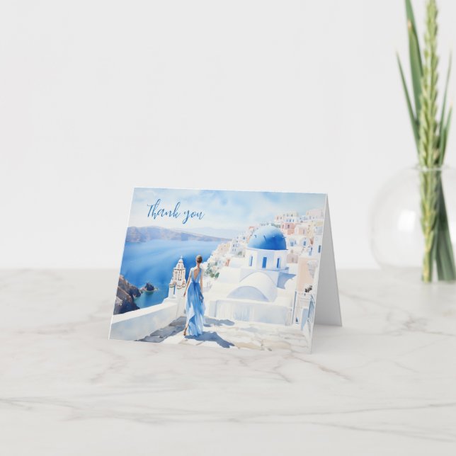 Agradecimento Menina em Santorini, Aquarela, Cartão de agradecim (Frente)