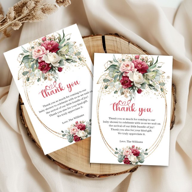 Agradecimento Moderno de Chuveiro de Bebê com Vege (Modern Red Blush Greenery Baby Shower Thank You Card)