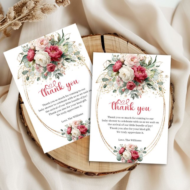 Agradecimento Moderno de Chuveiro de Bebê Floral V (Modern Burgundy Red Floral Baby Shower Thank You)