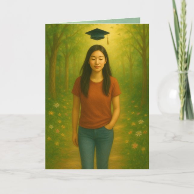 Agradecimento Mulher Asiática com Cartão de Graduação Dobrado Pe (Frente)