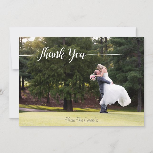 Agradecimento Obrigado Cartão com fotos de Casamento com Script  (Frente)